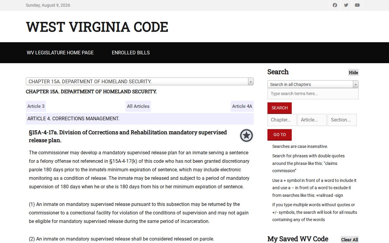 West Virginia conditional release law affecting Boone County inmate release dates