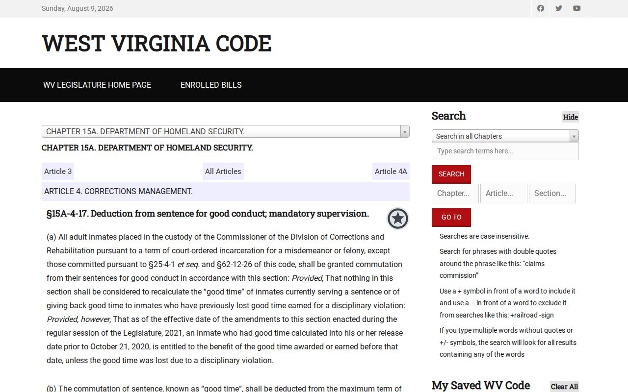West Virginia good-time law for Boone County projected release dates