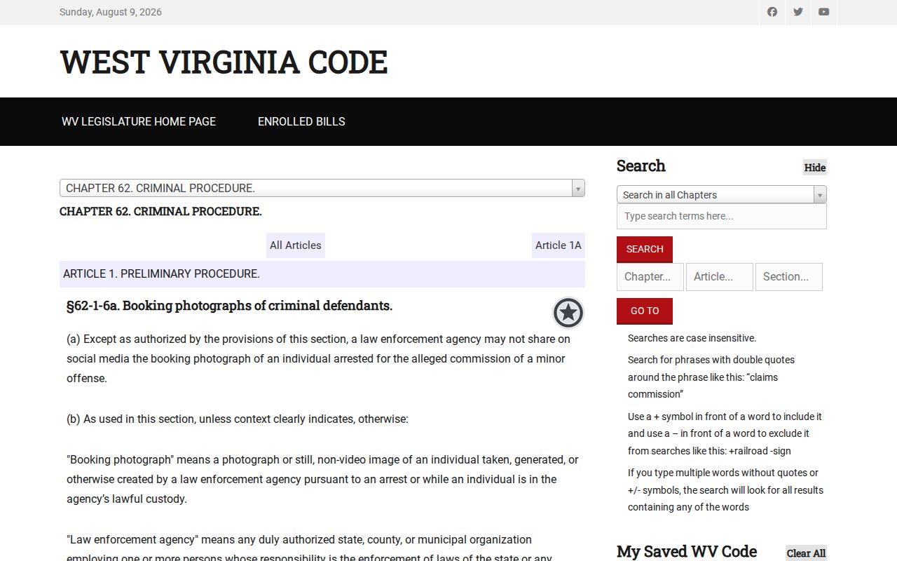 West Virginia law governing Boone County booking photo publication and removal